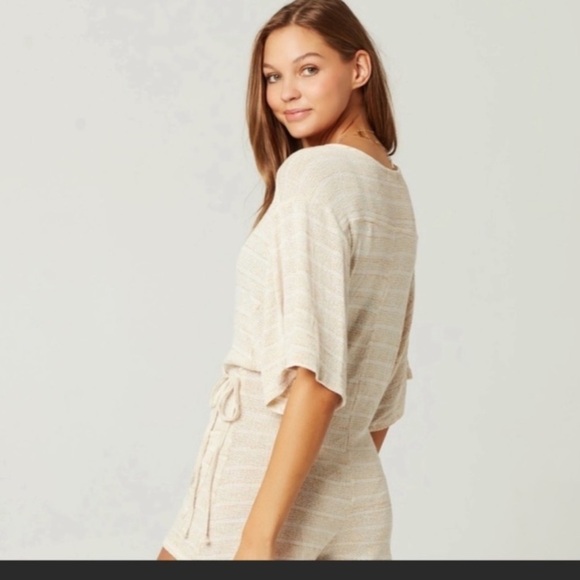 L*Space Faux Wrap Romper Beige White Stripe - Picture 1 of 10